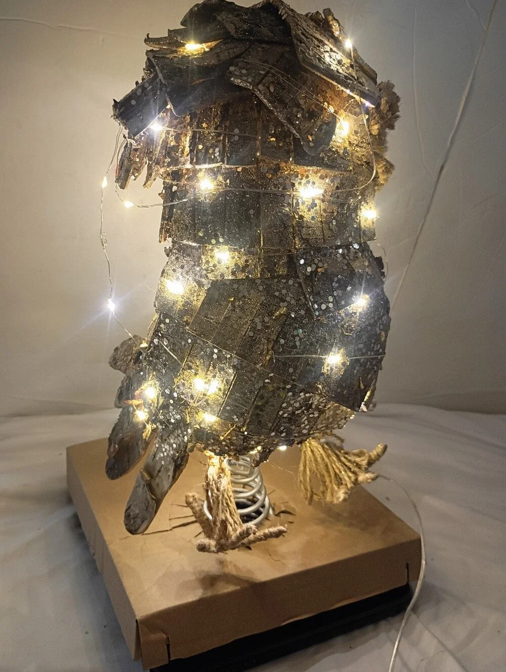 Pottery Barn Lit Owl Tree Topper - Faux Bark & Glitter, LED Lights NWOB HTF 16
